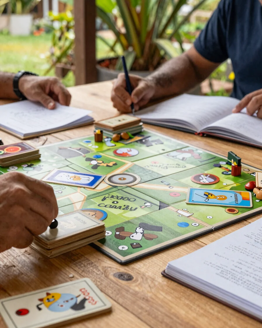Close overhead photograph of hands arranging colorful wooden toke