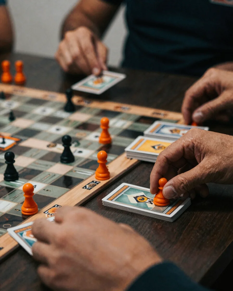 Overhead photograph of a partially played board game with resourc