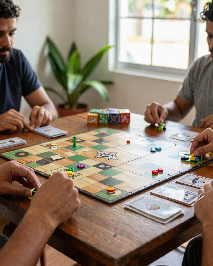 Overhead editorial photograph of a wooden tabletop mid-game with